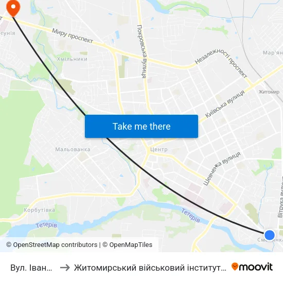 Вул. Івана Гонти to Житомирський військовий інститут ім. С.П.Корольова map