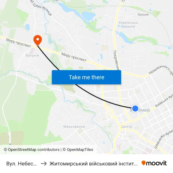 Вул. Небесної Сотні to Житомирський військовий інститут ім. С.П.Корольова map