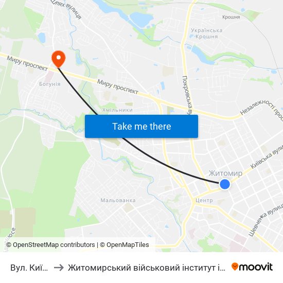 Вул. Київська to Житомирський військовий інститут ім. С.П.Корольова map