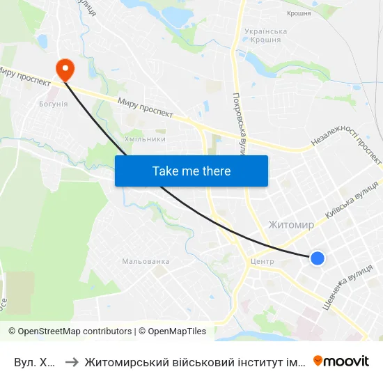 Вул. Хлібна to Житомирський військовий інститут ім. С.П.Корольова map