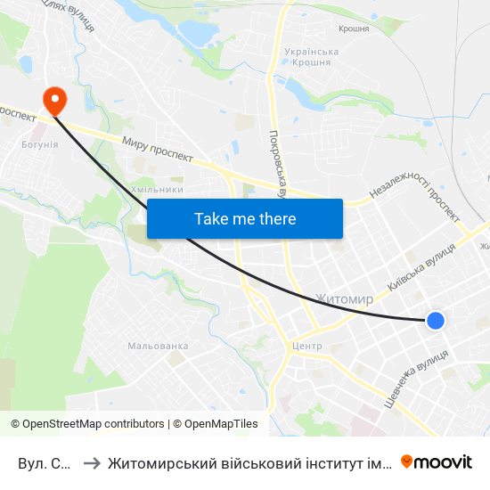 Вул. Східна to Житомирський військовий інститут ім. С.П.Корольова map