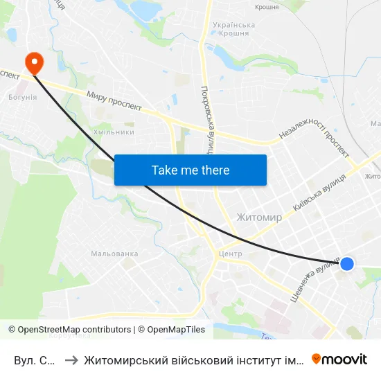 Вул. Східна to Житомирський військовий інститут ім. С.П.Корольова map