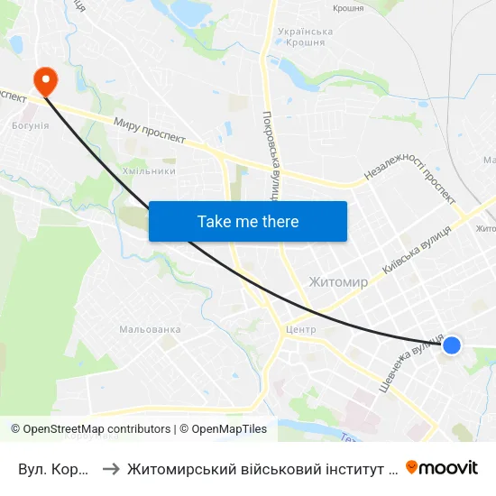 Вул. Корольова to Житомирський військовий інститут ім. С.П.Корольова map
