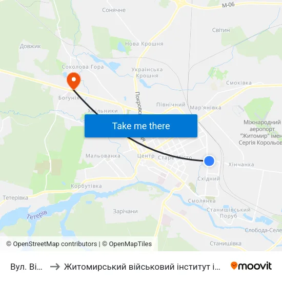 Вул. Вітрука to Житомирський військовий інститут ім. С.П.Корольова map