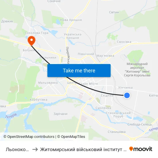 Льонокомбінат to Житомирський військовий інститут ім. С.П.Корольова map