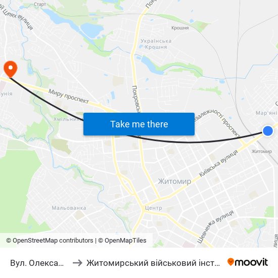 Вул. Олександра Байка to Житомирський військовий інститут ім. С.П.Корольова map