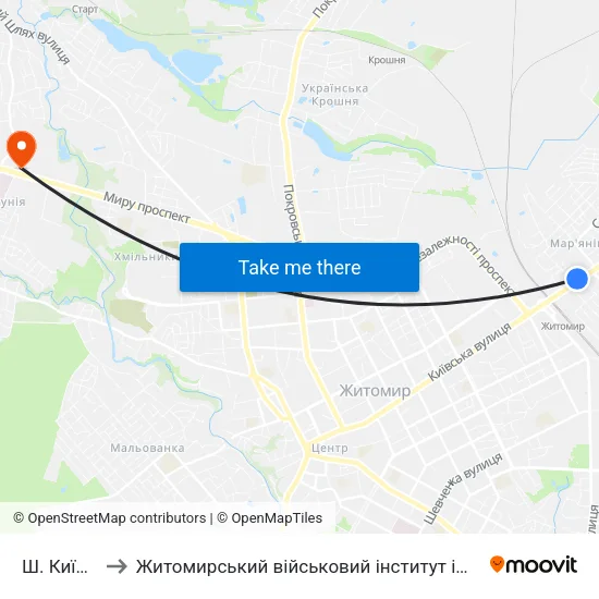 Ш. Київське to Житомирський військовий інститут ім. С.П.Корольова map
