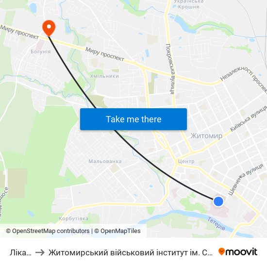 Лікарні to Житомирський військовий інститут ім. С.П.Корольова map