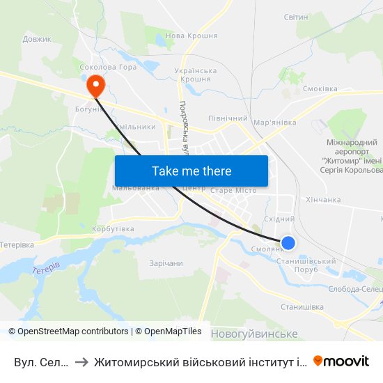 Вул. Селецька to Житомирський військовий інститут ім. С.П.Корольова map