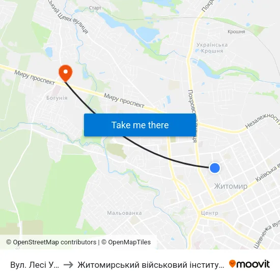 Вул. Лесі Українки to Житомирський військовий інститут ім. С.П.Корольова map