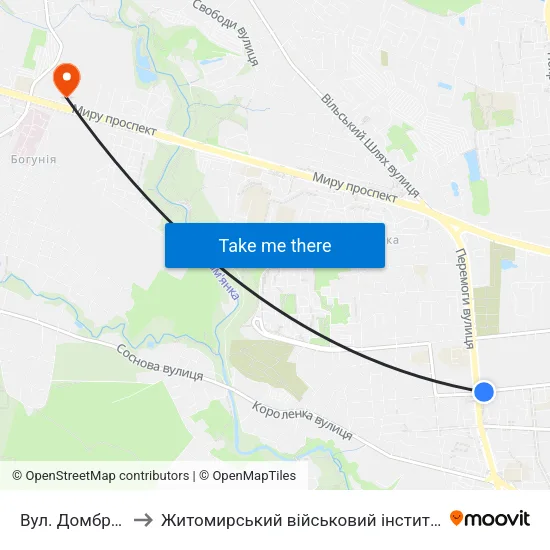 Вул. Домбровського to Житомирський військовий інститут ім. С.П.Корольова map