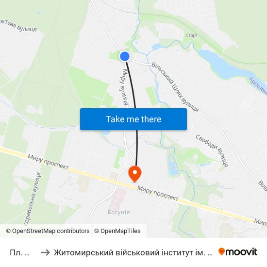 Пл. Миру to Житомирський військовий інститут ім. С.П.Корольова map