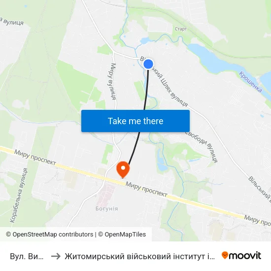 Вул. Видумка to Житомирський військовий інститут ім. С.П.Корольова map