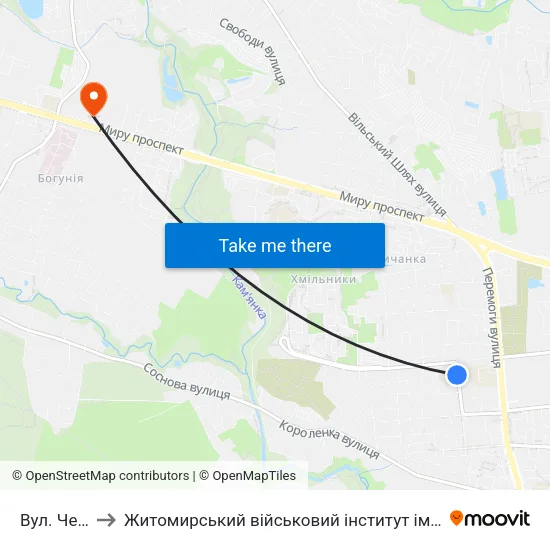 Вул. Чехова to Житомирський військовий інститут ім. С.П.Корольова map