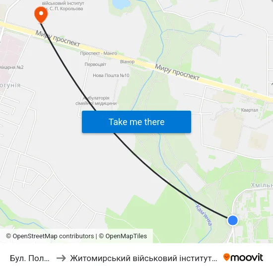 Бул. Польський to Житомирський військовий інститут ім. С.П.Корольова map