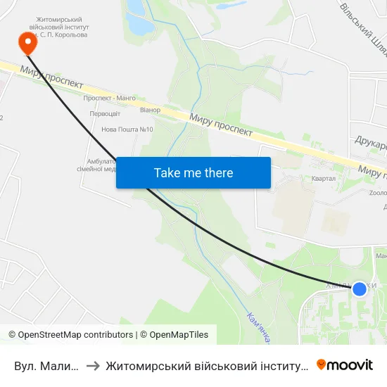 Вул. Маликова 30 to Житомирський військовий інститут ім. С.П.Корольова map