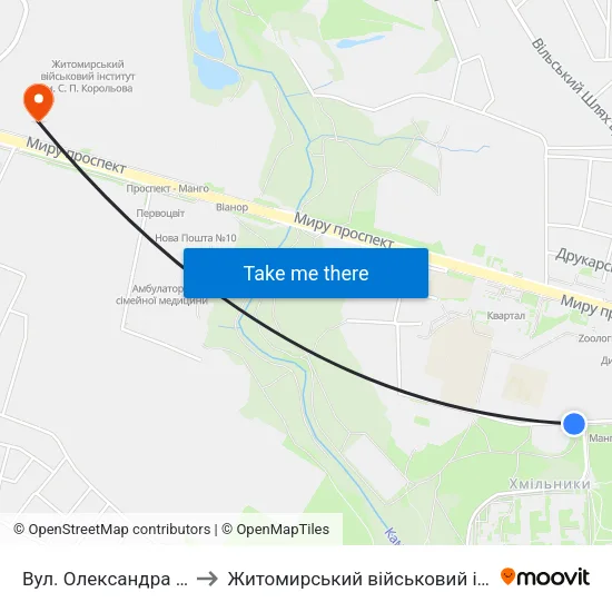 Вул. Олександра Клосовського 10 to Житомирський військовий інститут ім. С.П.Корольова map