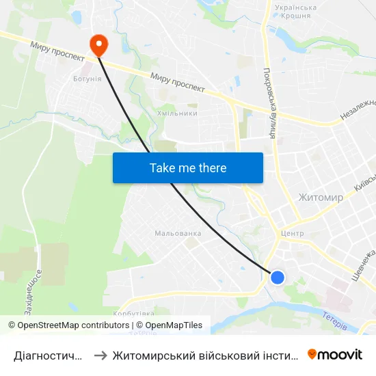 Діагностичний Центр to Житомирський військовий інститут ім. С.П.Корольова map