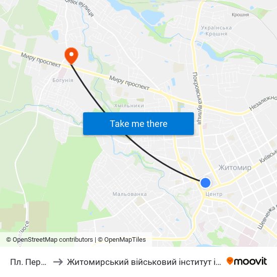 Пл. Перемоги to Житомирський військовий інститут ім. С.П.Корольова map