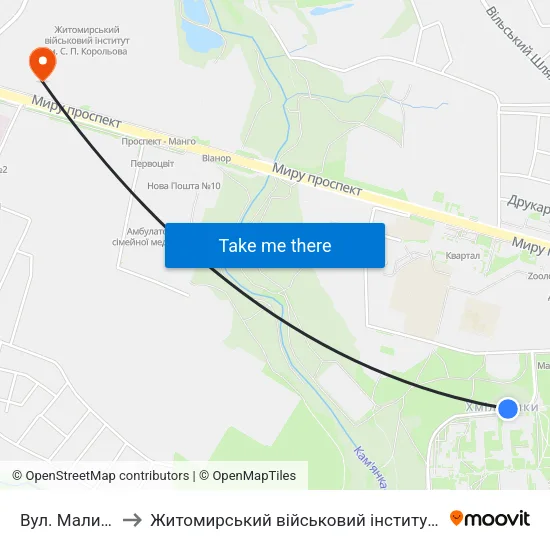 Вул. Маликова 30 to Житомирський військовий інститут ім. С.П.Корольова map