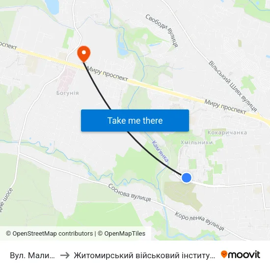 Вул. Маликова 16 to Житомирський військовий інститут ім. С.П.Корольова map