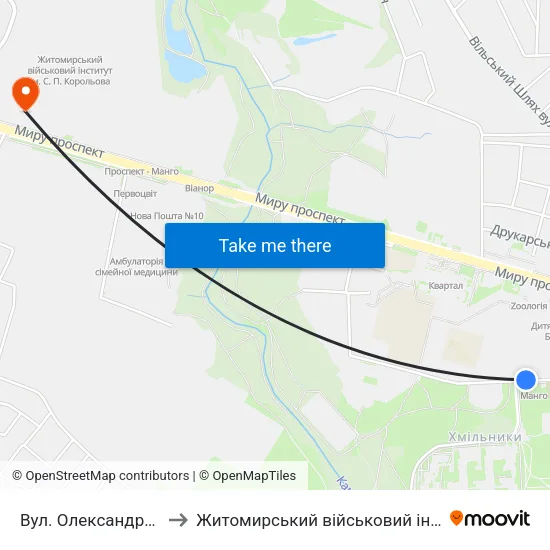 Вул. Олександра Клосовського to Житомирський військовий інститут ім. С.П.Корольова map