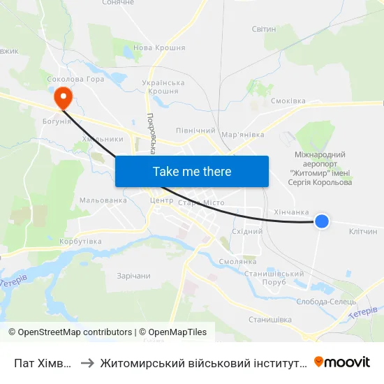 Пат Хімволокно to Житомирський військовий інститут ім. С.П.Корольова map