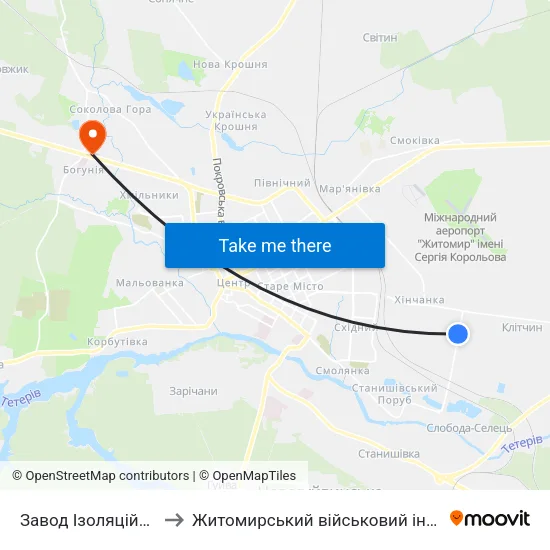 Завод Ізоляційних Матеріалів to Житомирський військовий інститут ім. С.П.Корольова map