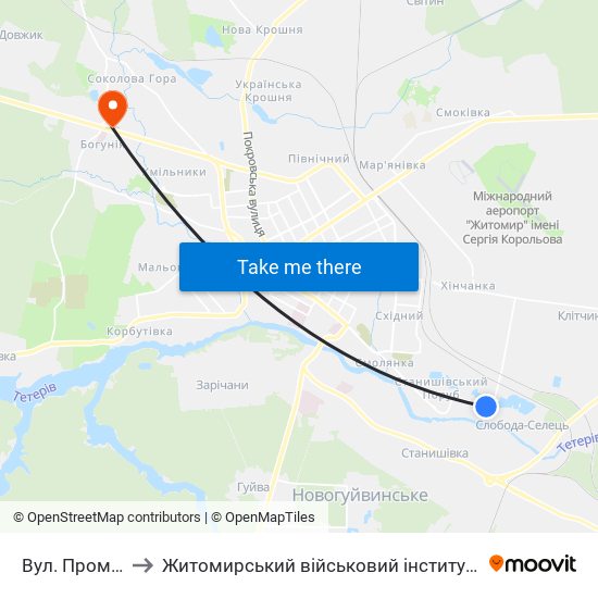 Вул. Промислова to Житомирський військовий інститут ім. С.П.Корольова map