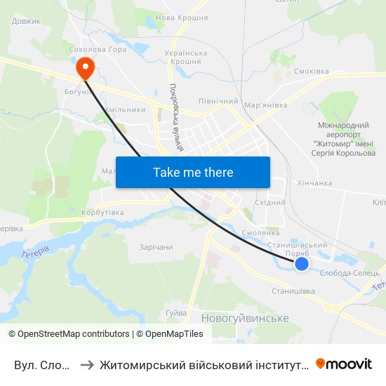 Вул. Слобідська to Житомирський військовий інститут ім. С.П.Корольова map