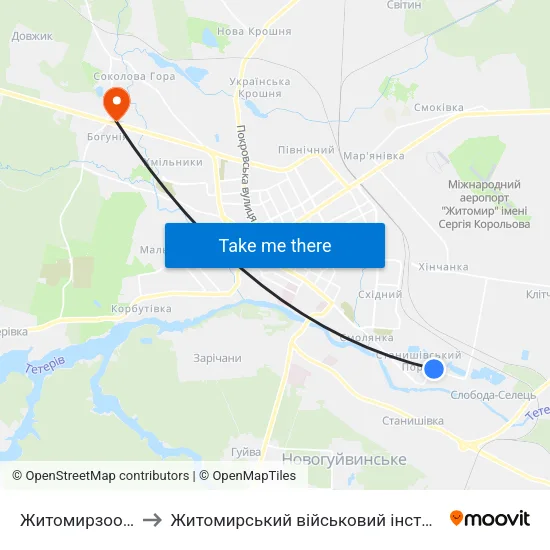 Житомирзооветпостач to Житомирський військовий інститут ім. С.П.Корольова map