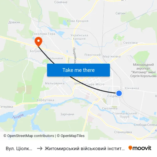 Вул. Ціолковського to Житомирський військовий інститут ім. С.П.Корольова map