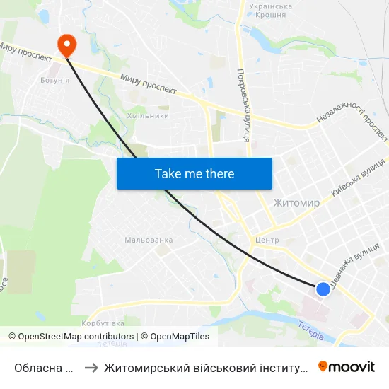 Обласна Лікарня to Житомирський військовий інститут ім. С.П.Корольова map