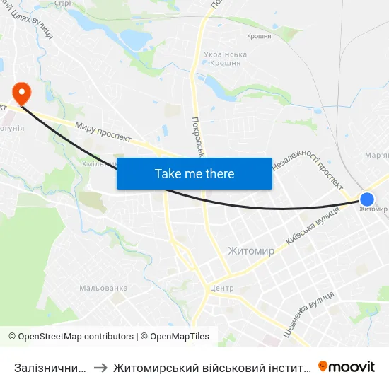 Залізничний Вокзал to Житомирський військовий інститут ім. С.П.Корольова map
