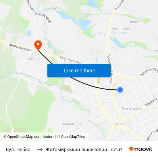 Вул. Небесної Сотні to Житомирський військовий інститут ім. С.П.Корольова map