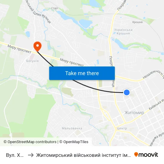 Вул. Хлібна to Житомирський військовий інститут ім. С.П.Корольова map