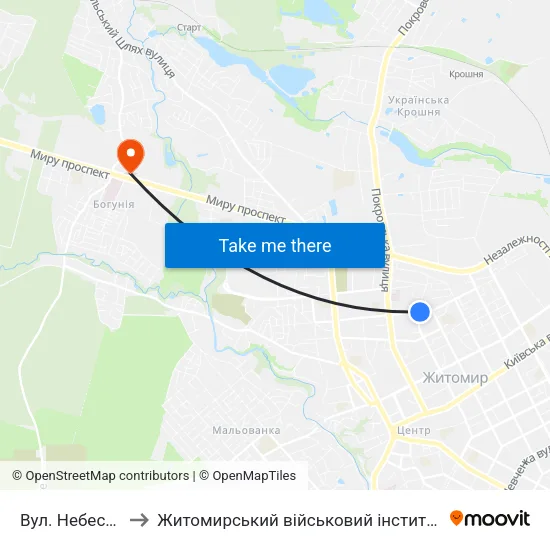Вул. Небесної Сотні to Житомирський військовий інститут ім. С.П.Корольова map