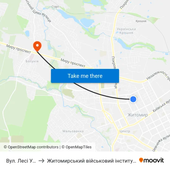 Вул. Лесі Українки to Житомирський військовий інститут ім. С.П.Корольова map