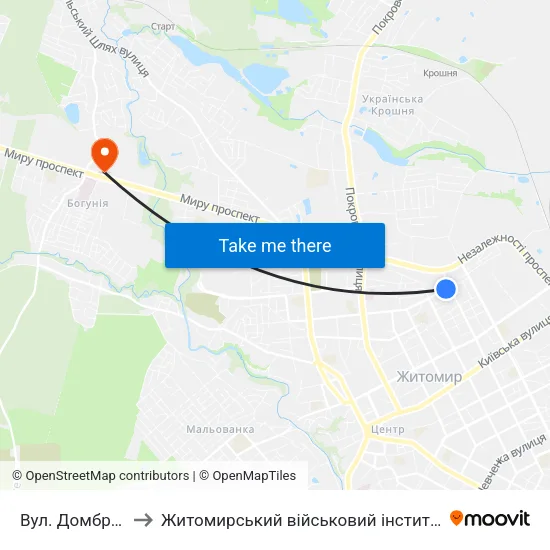 Вул. Домбровського to Житомирський військовий інститут ім. С.П.Корольова map