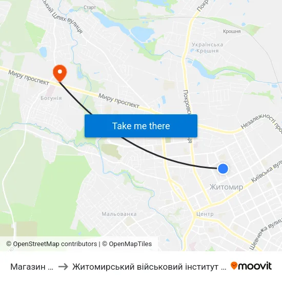 Магазин Віктор to Житомирський військовий інститут ім. С.П.Корольова map