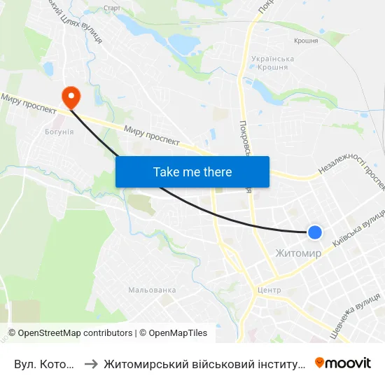 Вул. Котовського to Житомирський військовий інститут ім. С.П.Корольова map