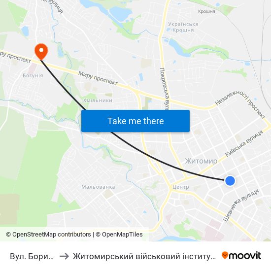 Вул. Бориса Тена to Житомирський військовий інститут ім. С.П.Корольова map