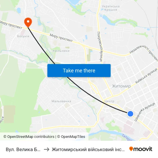 Вул. Велика Бердичівська to Житомирський військовий інститут ім. С.П.Корольова map