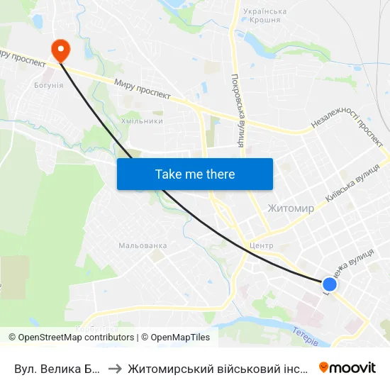 Вул. Велика Бердичівська to Житомирський військовий інститут ім. С.П.Корольова map