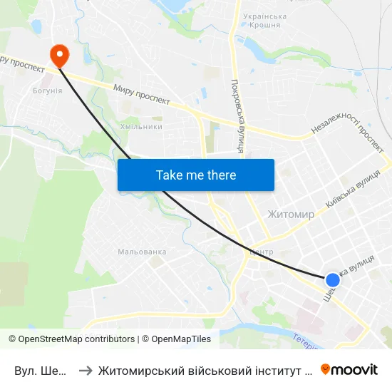 Вул. Шевченка to Житомирський військовий інститут ім. С.П.Корольова map