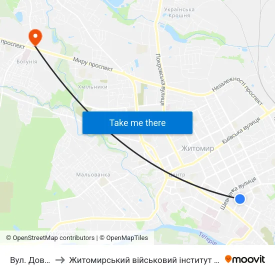 Вул. Довженка to Житомирський військовий інститут ім. С.П.Корольова map