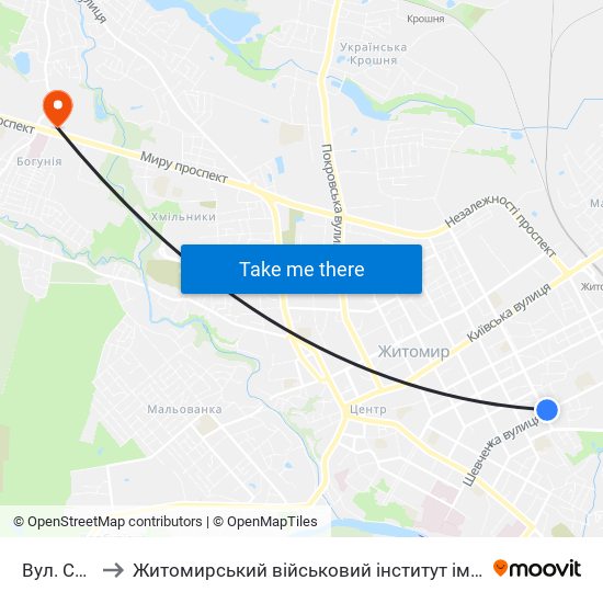 Вул. Східна to Житомирський військовий інститут ім. С.П.Корольова map