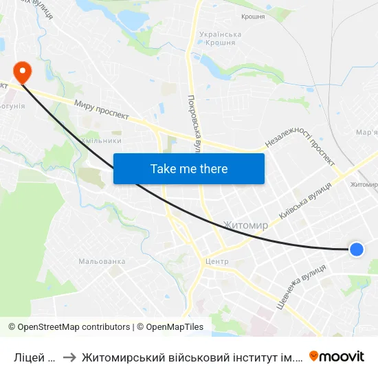 Ліцей №24 to Житомирський військовий інститут ім. С.П.Корольова map