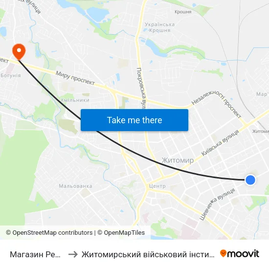 Магазин Реал-Маркет to Житомирський військовий інститут ім. С.П.Корольова map