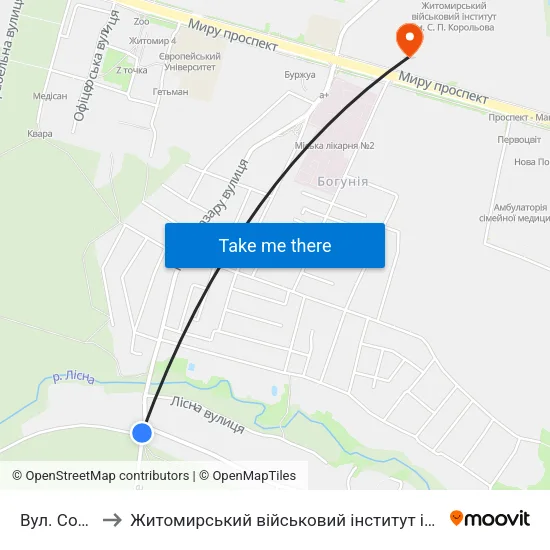 Вул. Соснова to Житомирський військовий інститут ім. С.П.Корольова map